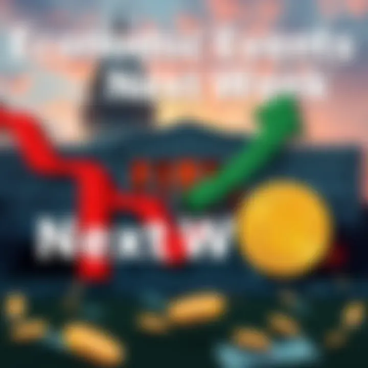 Economic Events Next Week A graphic showing key economic events like a government building symbolizing the end of a shutdown, a downward arrow for rate cuts, and dollar bills flowing to represent Fed spending, alongside a crypto coin for legislation.