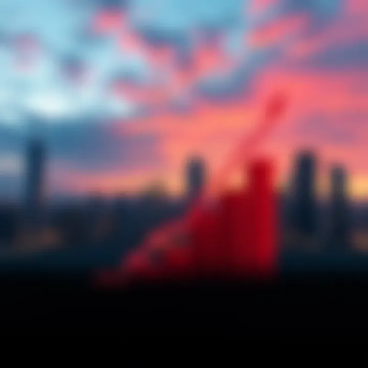 A rising graph symbolizing economic growth with a backdrop of a city skyline, showing hope for recovery after a decline.