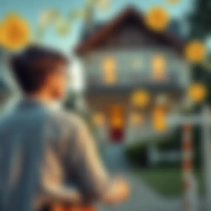 A young couple looking at a house for sale, with dollar bills and Bitcoin symbols in the background, reflecting the changing economy.