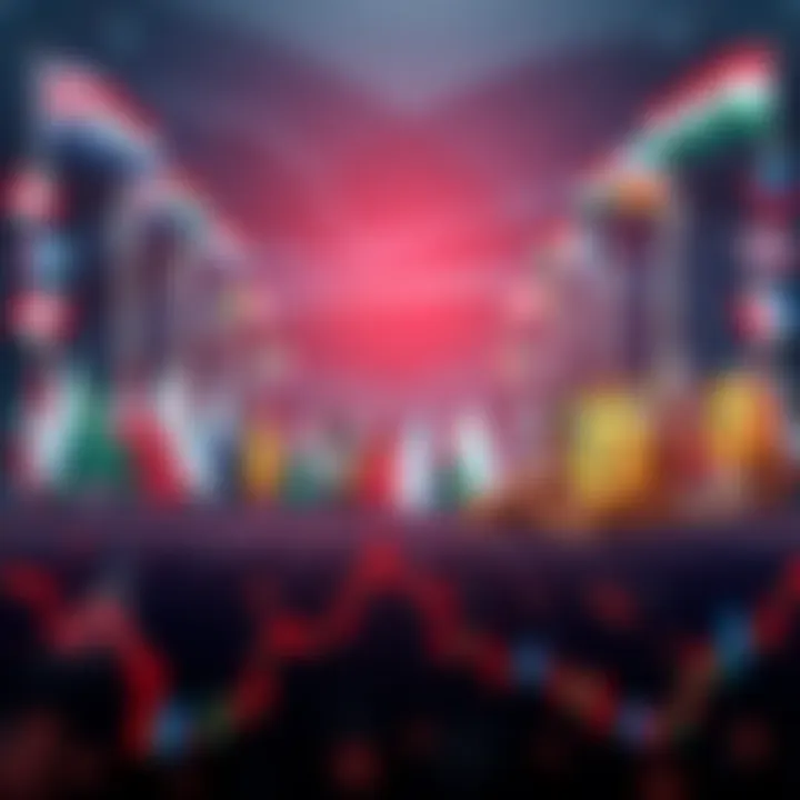 A graphic showing upward trends in stock markets with a background of world flags, symbolizing global tension.