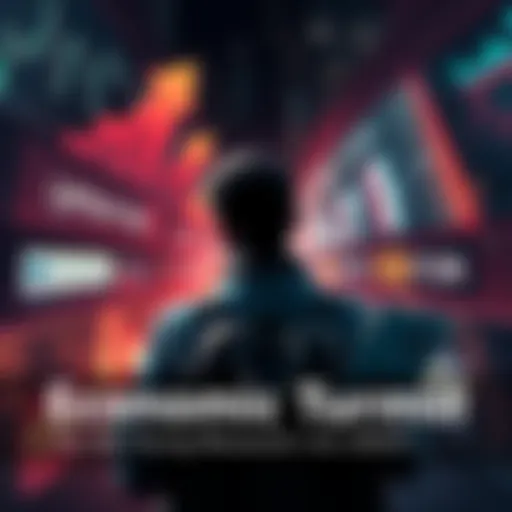 A visual representation of economic uncertainty with arrows showing market declines, images of layoffs, and a distressed worker looking at job listings.