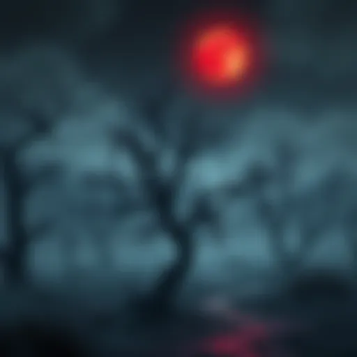 A dark, foggy landscape featuring twisted trees and shadows illuminated by a bright red moon, creating a spooky atmosphere.