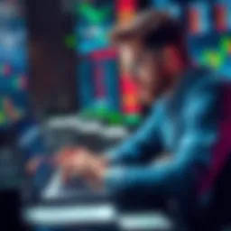 A trader analyzing graphs and charts on a laptop, with stacks of cash and stock market symbols in the background.