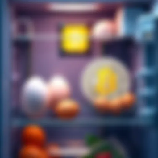 A fridge with eggs on one side and a Bitcoin symbol on the other, representing the idea of storing value alongside groceries.