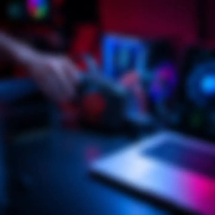 A person connecting an eGPU dock to a laptop with various cables and components visible, including an RX 580 graphics card and a power supply unit.