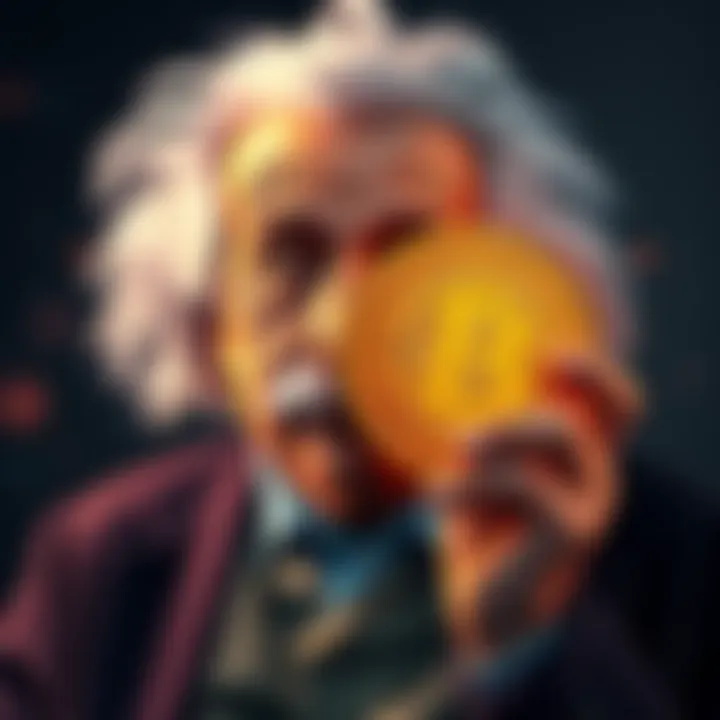 Albert Einstein holding a Bitcoin symbol, representing the connection between his theories and modern cryptocurrency.
