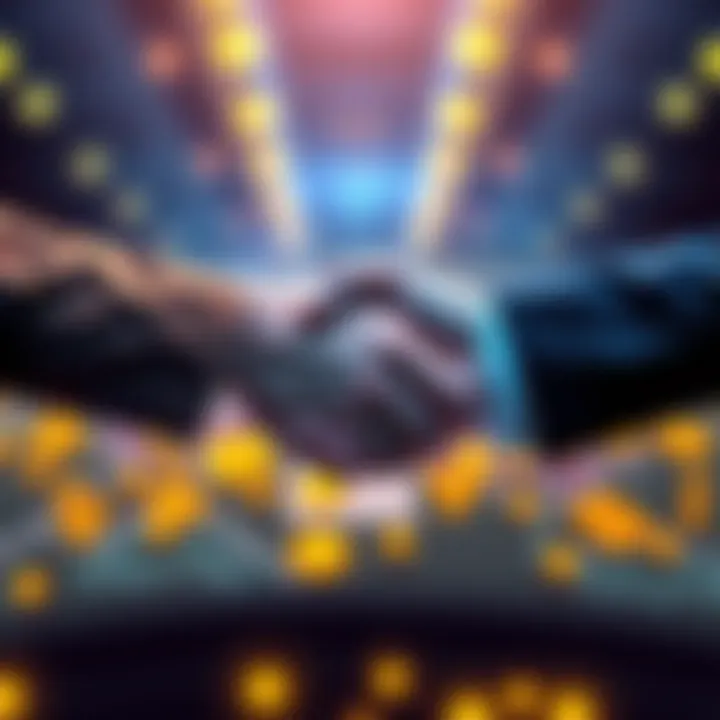 Representatives from El Salvador and the U.S. shaking hands over a digital map with cryptocurrency symbols