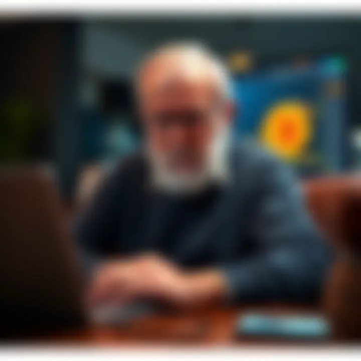 An 80-year-old man studying a Bitcoin chart on a laptop, contemplating his investment options.