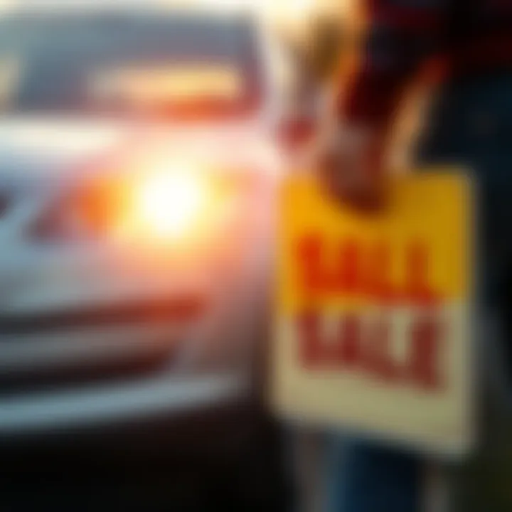 A person holding a for sale sign next to a car, preparing to sell a vehicle for an elderly relative.