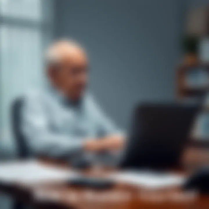 An elderly person sits at a desk, looking worried while using a laptop, with papers and a phone beside them, symbolizing investment scams