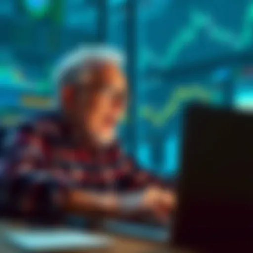 An elderly man excitedly looking at his laptop screen, tracking the performance of his cryptocurrency investments, with charts and graphs visible.
