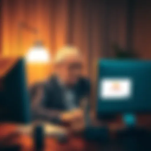 An elderly person sitting at a desk, looking worried while checking a computer screen with a locked withdrawal message, showing signs of distress