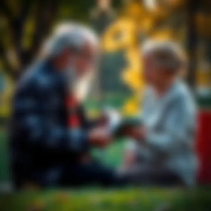 An elderly person sharing life experiences and knowledge with a young person in a park setting, symbolizing the connection between generations.