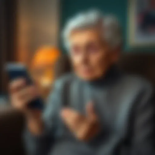 An elderly widow looking distressed while holding her phone, representing the emotional impact of a romance scam