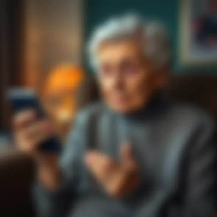 An elderly widow looking distressed while holding her phone, representing the emotional impact of a romance scam