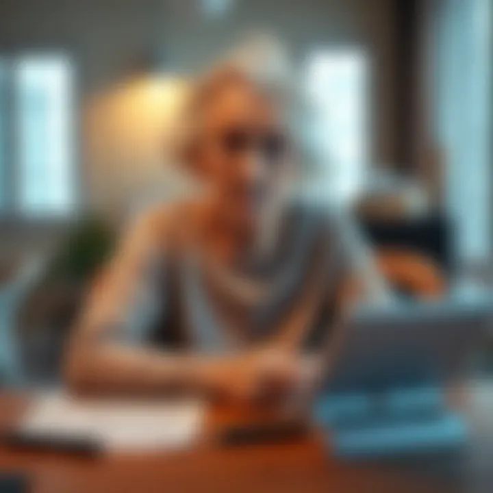 A worried 70-year-old woman sitting at a table with financial documents and a phone, representing loss and scams in cryptocurrency.