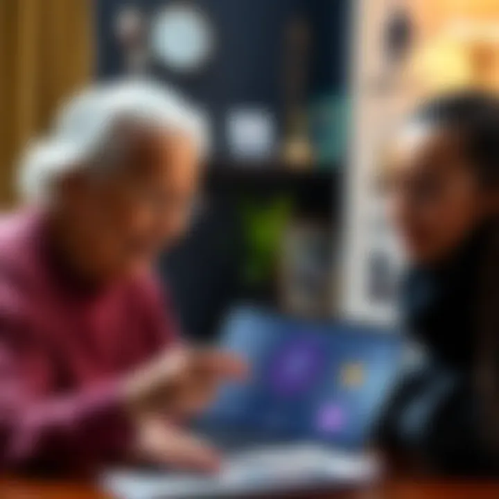 An elderly woman looks at a simple diagram explaining Ethereum concepts, with a young person helping her understand.
