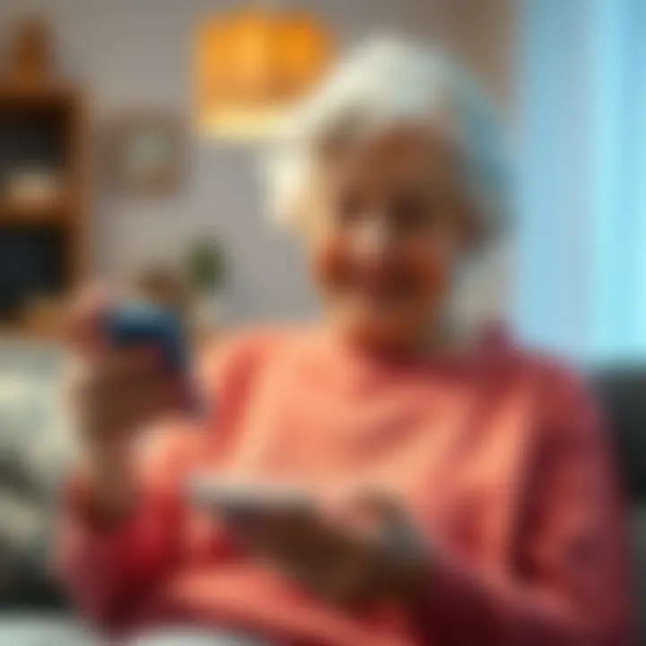 An elderly woman smiles while holding a smartphone, exploring mobile payment options at home.
