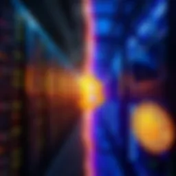 A side-by-side view of an AI data center with numerous servers consuming power and a Bitcoin mining rig struggling to keep up, highlighting the competition for cheap electricity.