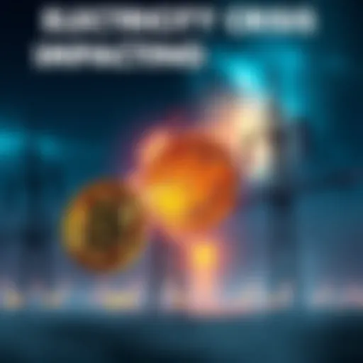 Electricity Crisis Impacting Bitcoin A visual showing a power outage with Bitcoin symbols overshadowed by electricity towers, illustrating the tension between energy supply and cryptocurrency viability.