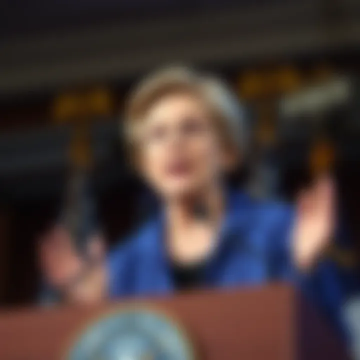 Senator Elizabeth Warren speaking at a podium while addressing President Trump's influence on the SEC's decision