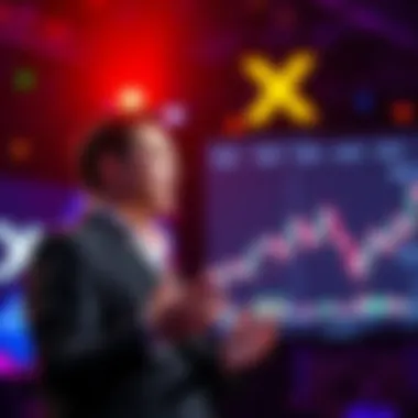 Elon Musk speaks at an event promoting cryptocurrency trading on the X platform, showcasing a graph of trading activity.