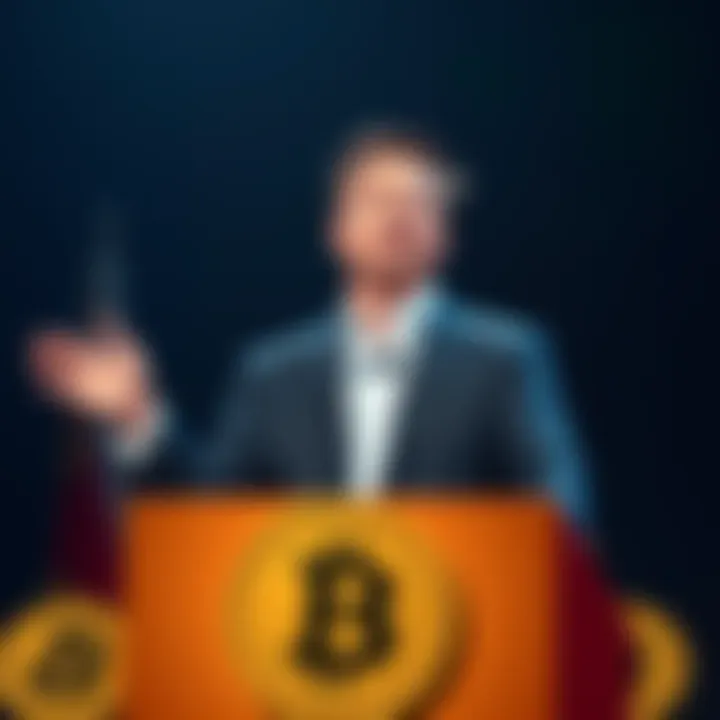 Elon Musk stands at a podium, announcing the launch of his political party to support Bitcoin, with a Bitcoin logo in the background.