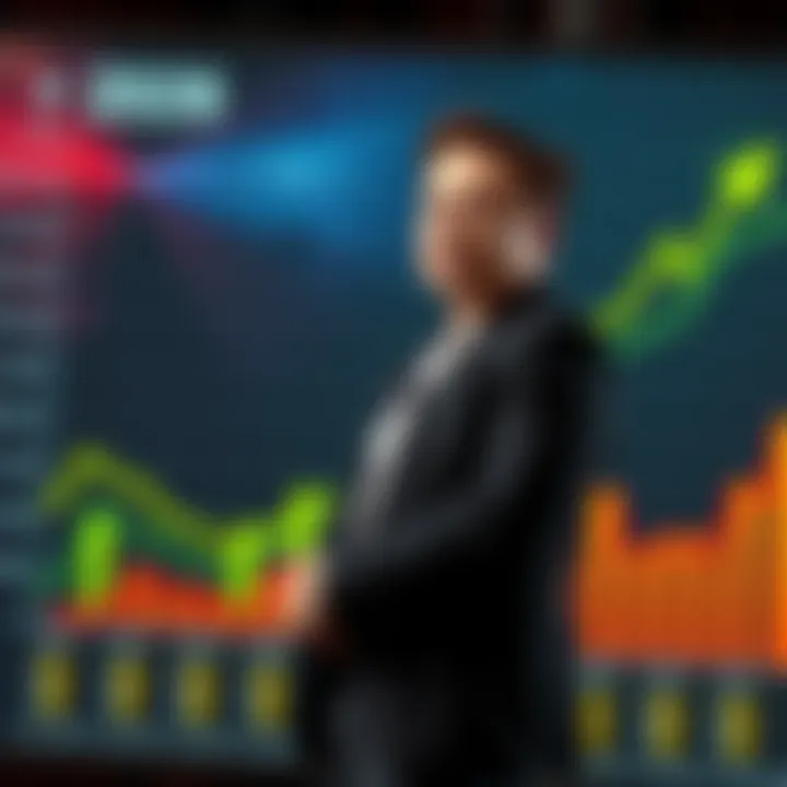 Elon Musk standing in front of a chart showing rising financial growth and wealth in 2026