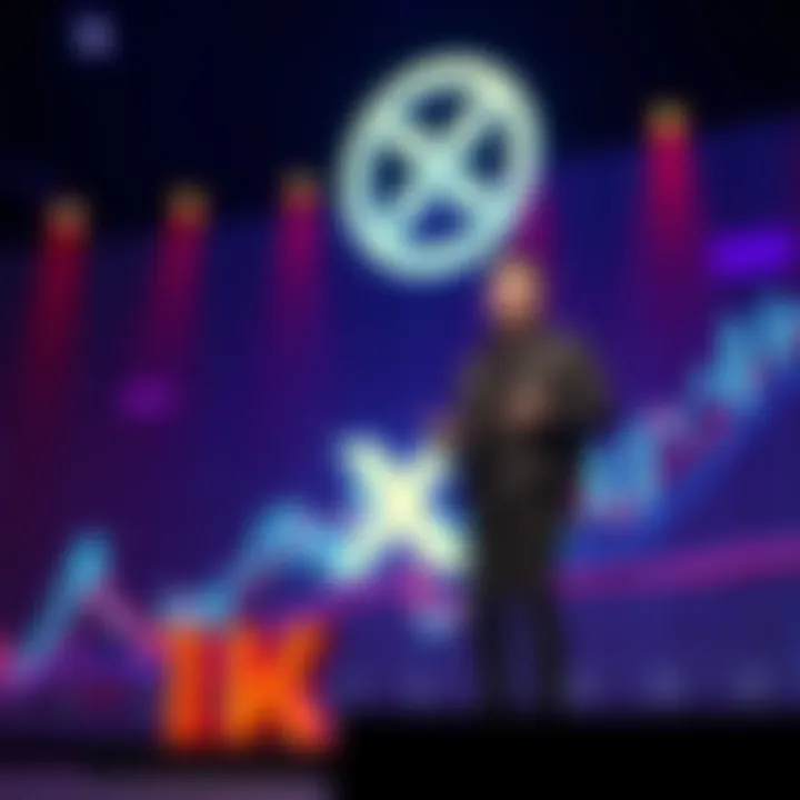 Elon Musk standing on stage with a digital display of X Money logo and graphs in the background