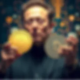 Elon Musk holding a DOGE coin with tech symbols in the background