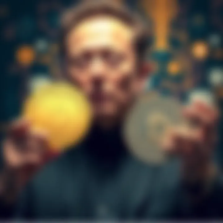 Elon Musk holding a DOGE coin with tech symbols in the background