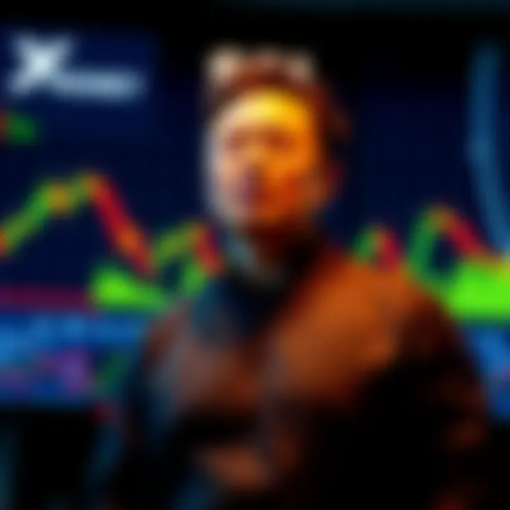Elon Musk standing in front of a screen showing XMoney logo and stock trading charts