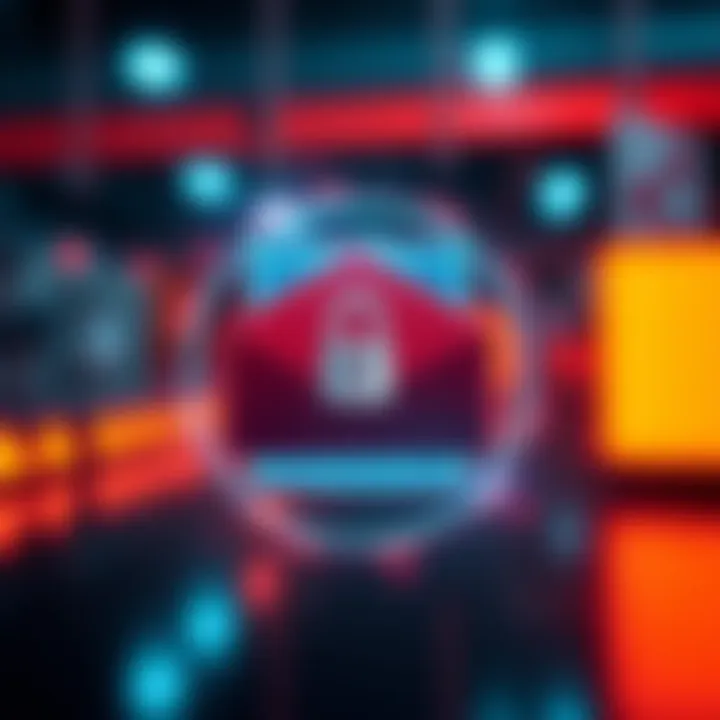 A warning graphic featuring an alert icon and an envelope with a lock, symbolizing email security against scams in 2026.