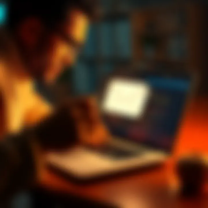 Guarding Against Email Scams A person examining a suspicious email on a laptop with a magnifying glass, symbolizing vigilance against online threats.