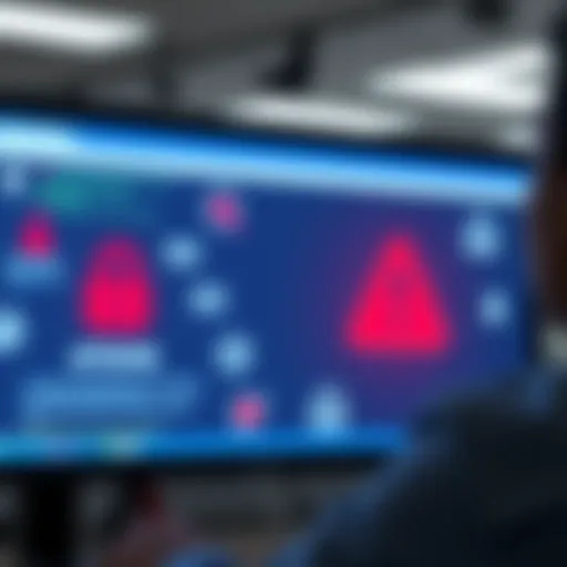A person looking at a computer screen with a red warning symbol indicating a suspicious email, surrounded by icons representing malware and phishing attacks.
