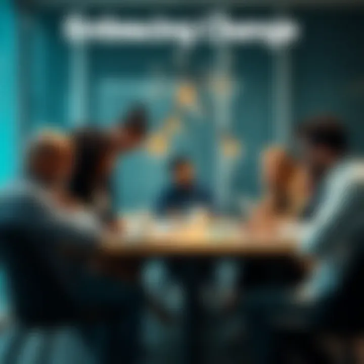 A group of diverse people brainstorming and thinking creatively around a table, symbolizing innovation and change.
