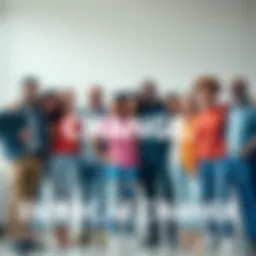 A diverse group of people standing together, smiling and supporting each other, promoting positivity and change.