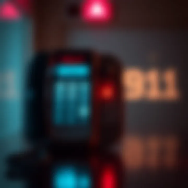 A 911 emergency phone with a red alert signal in the background
