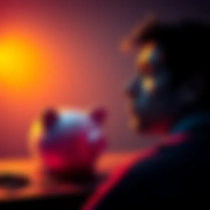 A person contemplating whether to invest their emergency savings in Bitcoin, with a piggy bank and Bitcoin symbol in view.