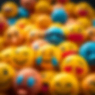 A colorful display of various emojis, including a smiling face and a face with tears, illustrating their use in online conversations.