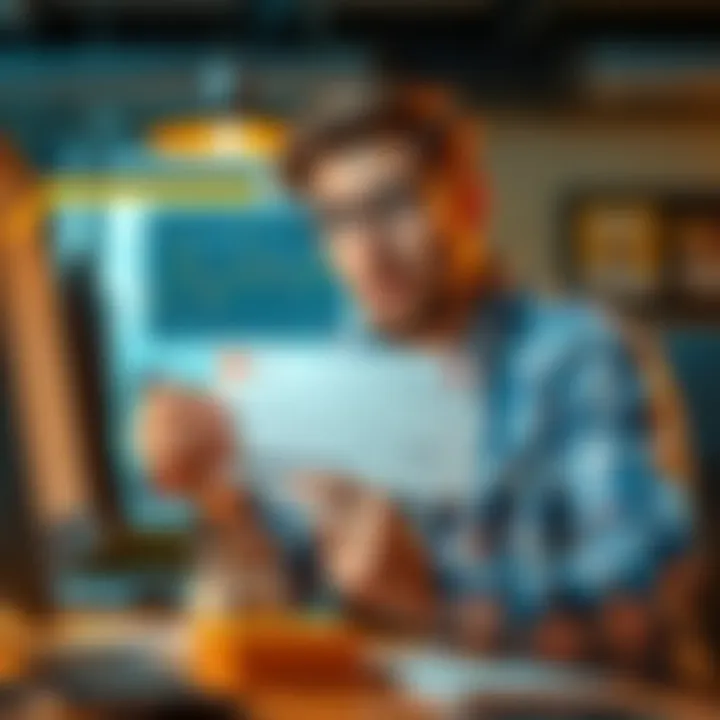 An employee looking shocked while holding a paycheck with low earnings, surrounded by startup office equipment.