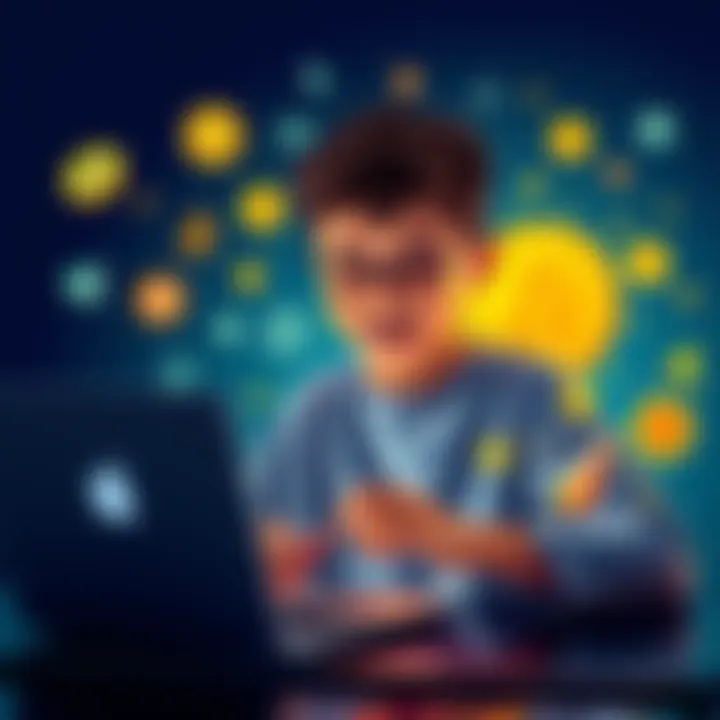 A young teenager enthusiastically engaging with bitcoin concepts on a laptop, surrounded by creative crypto-related graphics, symbolizing innovation and opportunity in the digital currency space.