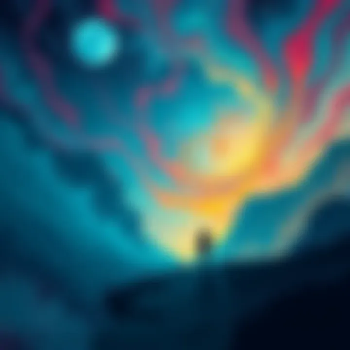 A mesmerizing illustration depicting a figure standing at the edge of a mysterious landscape filled with swirling colors and abstract shapes, symbolizing the journey into the unknown.