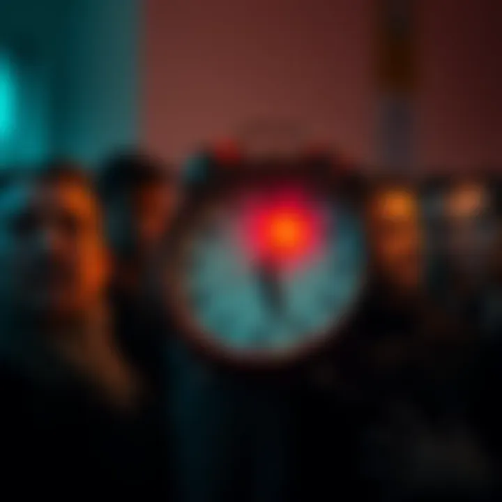 A group of people looking worried, gazing at a clock ticking down to midnight, symbolizing an impending deadline. They appear to be discussing their future.
