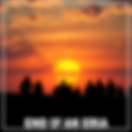 A sunset symbolizing the end of a significant era with silhouettes of people reflecting on the change.