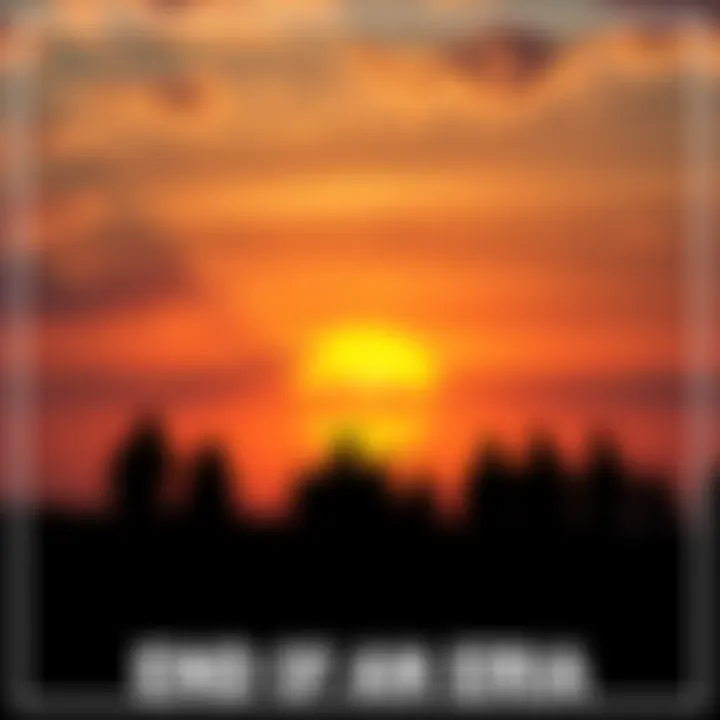 A sunset symbolizing the end of a significant era with silhouettes of people reflecting on the change.