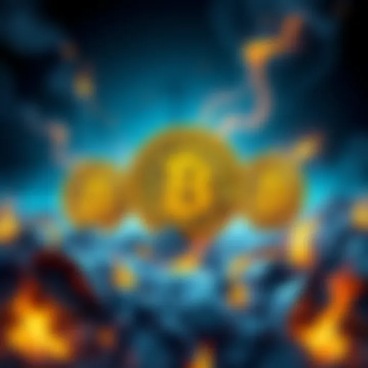 An illustration showing Bitcoin symbols with a backdrop of wasted energy resources, like burning fuel and electrical waste, highlighting the inefficiency of Bitcoin as a currency.
