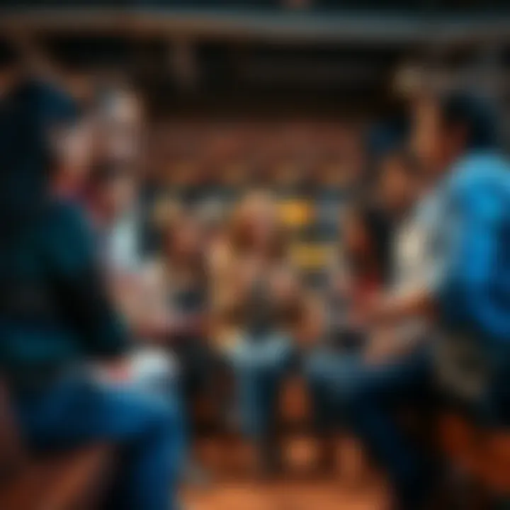 A diverse group of people actively discussing various topics in a casual setting, with some holding coffee cups and others taking notes.