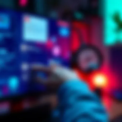 A person interacting with a computer screen displaying social media notifications and follower counts