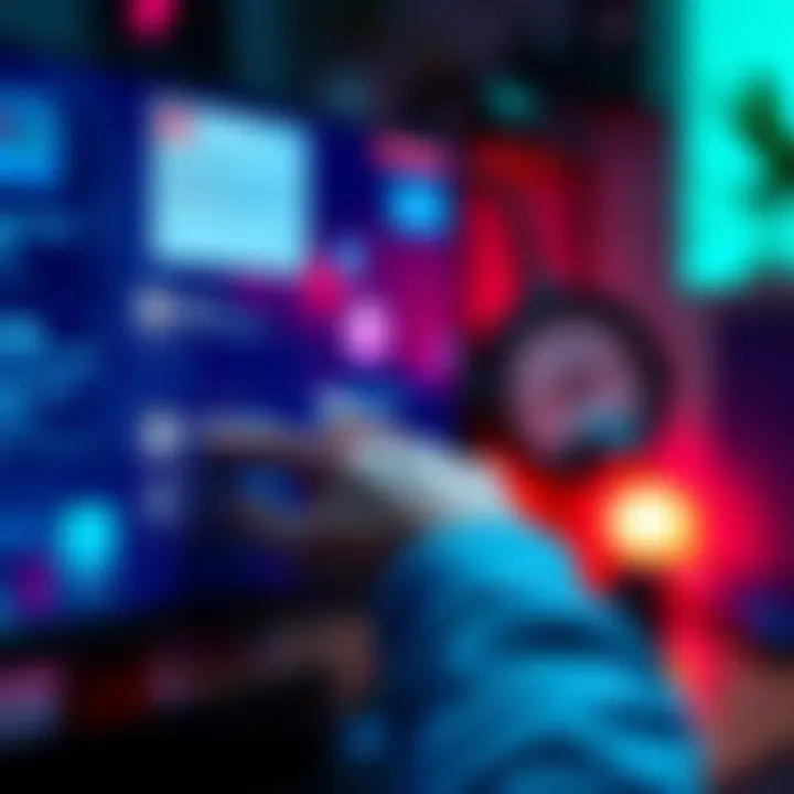 A person interacting with a computer screen displaying social media notifications and follower counts